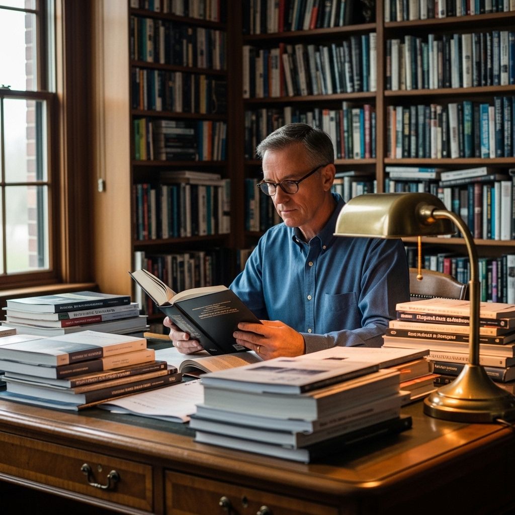 A mature man sitting at a wooden desk in a well-lit study, reading from an open book surrounded by stacked research publications and a lamp