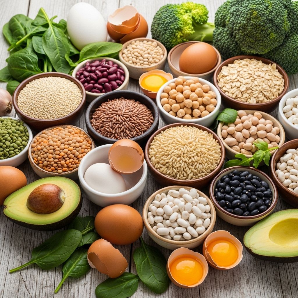 A spread of whole grains, eggs, legumes and green vegetables on a light coloured table top representing natural dietary sources of B-complex vitamins