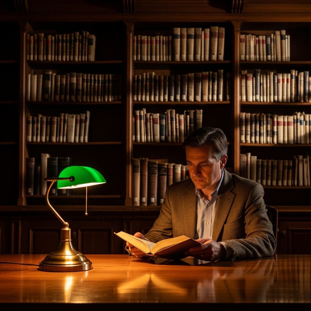 Man reading a book in a warmly lit library, soft lamp light casting deep shadows on aged bookshelves filled with research volumes
